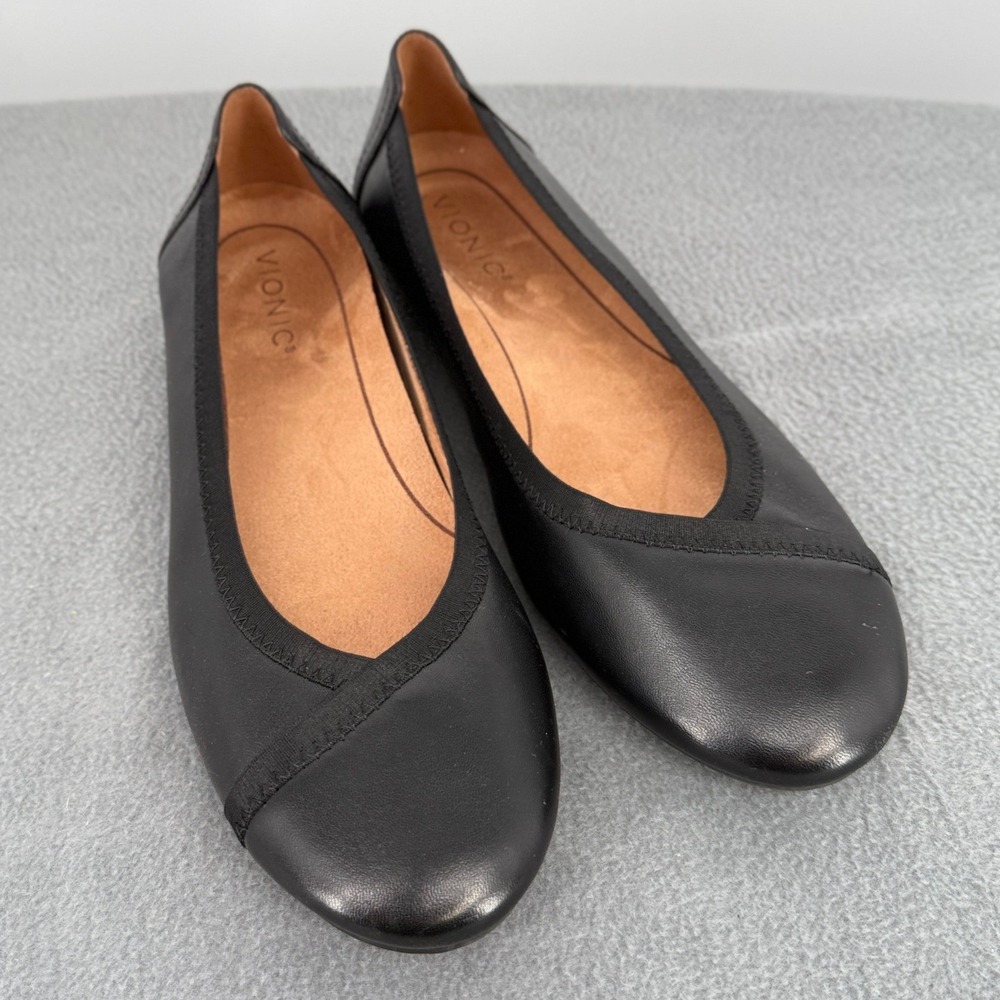 Vionic Caroll Black Leather Ballet Flats Womens 8.5 Orthotic Comfort Round Toe